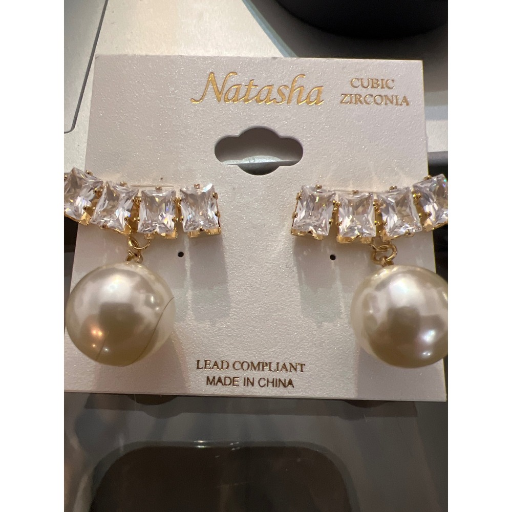 Natasha Cubic Zirconia Baguette Faux Pearl Drop Crawler Earrings Gold Tone NWT